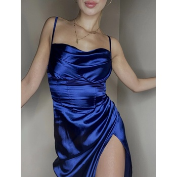 Korzetové saténové šaty s rozparkem Dream Modrá