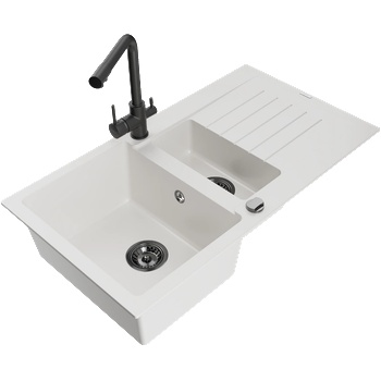 Mexen Matias гранитна кухненска мивка 1, 5 отделения с отцедник и кухненски смесител Duero, бял - 6502-20-671600-70 (6502-20-671600-70)