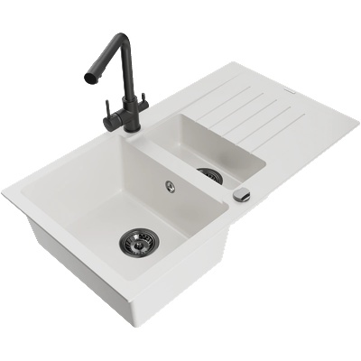 Mexen Matias гранитна кухненска мивка 1, 5 отделения с отцедник и кухненски смесител Duero, бял - 6502-20-671600-70 (6502-20-671600-70)