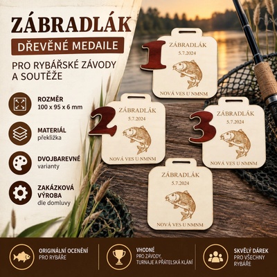 ADVIPO dekorace Dřevěné medaile pro rybáře rybářské závody 1. 2. a 3. místo