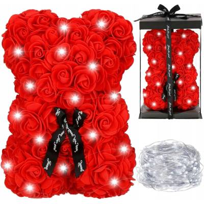 Medvídek z růží Springos 30 cm s LED světly 20 ks
