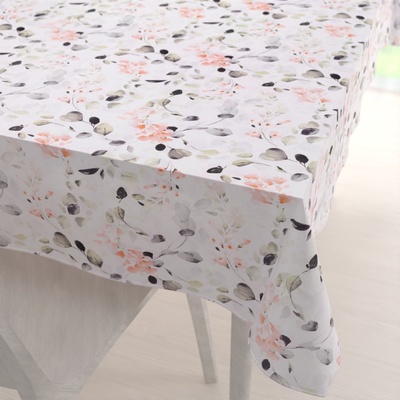 Biante bavlna ubrus Sandra SA-288 Eukalyptus s růžovými květy na bílém 100x140 cm