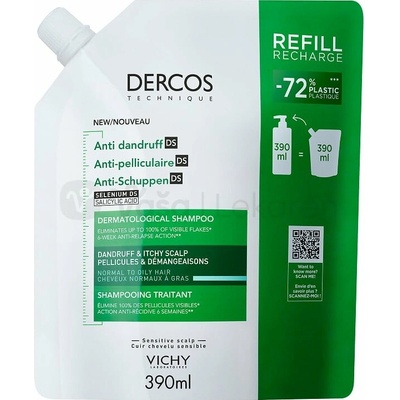 VICHY DERCOS ANTIDANDRUFF DS GREASY REFILL šampón proti mastným lupinám 390 ml