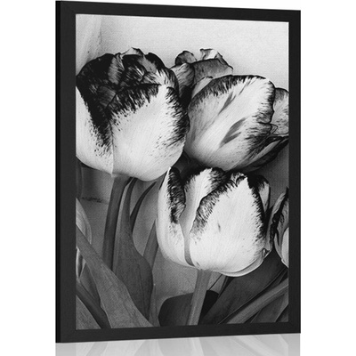 Plagát jarné tulipány v čiernobielom prevedení