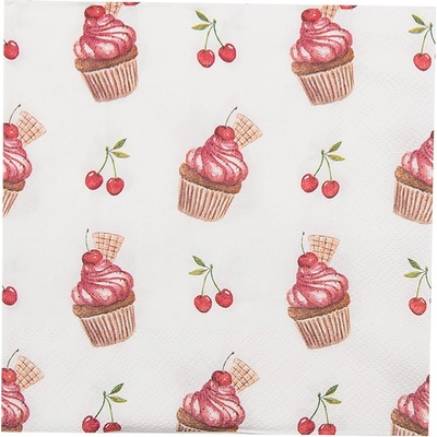 Clayre & Eef Bílé papírové ubrousky s dortíčky Cherry Cupcake 33x33cm 20ks