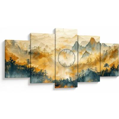 Obraz - Pohorie, akvarel (s hodinami), päťdielne 150x80 cm s hodinami