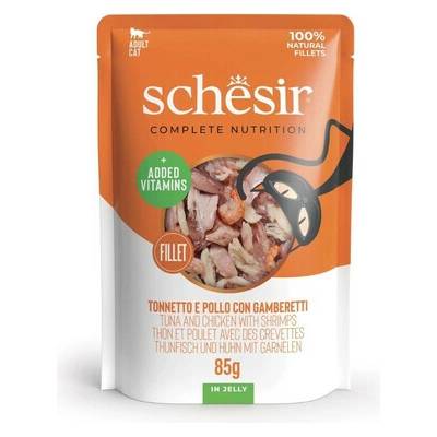 SCHESIR Jelly Adult Tuniak a kura s krevetami v želé pre mačky 85 g