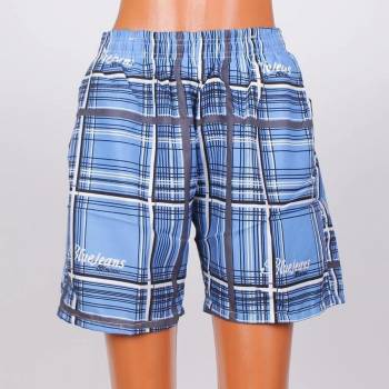 Image 1 of Мъжки шорти в светлосиньо с кариран десен в сиво, бяло и черно