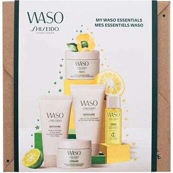 Shiseido Waso My Waso Essentials sada čisticí gel Shikulime Gel-To-Oil Cleanser 30 ml + hydratační krém Shikulime Mega Hydrating Moisturizer 15 ml + peelingová maska Satocane Pore Purifyting Scrub Mas