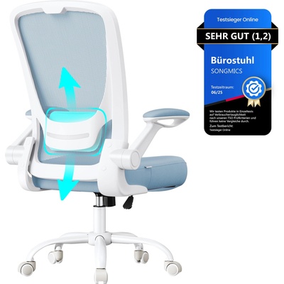 SONGMICS ergonomic office chair, swivel chair with mesh, lumbar support, rocker function, 53 cm seat, folding armrests, study and bedroom, students, fog blue OBN037Q01