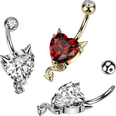 Šperky eshop ocelový piercing do pupíku srdce s ďábelskými rohy a ocasem zirkony W47.09 Zlatá červená
