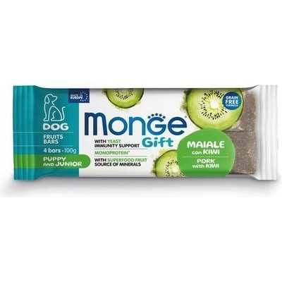 kiwi MONGE GIFT Fruit bars Puppy and Junior /4ks ovocné tyčinky pre šteňatá s bravčovým mäsom a 100 g