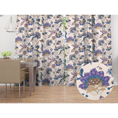 Biante Bavlnený záves Sandra SA-539 Modro-fialové orientálne kvety na svetlo béžovom 150x180 cm