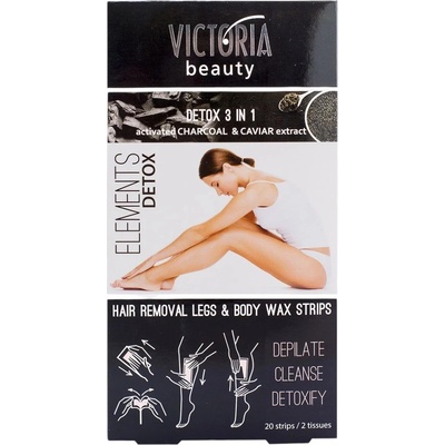 VICTORIA BEAUTY Elements Detox - Ленти за депилация за крака и тяло 3 в 1 с активен въглен и екстракт от хайвер, 20 бр
