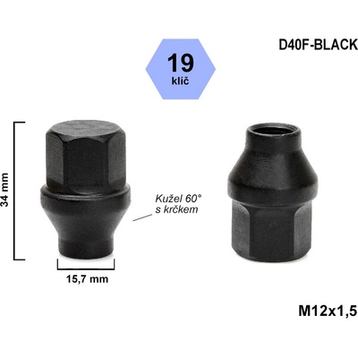 Kolová matice M12x1,5 kužel s krčkem 15,7 zavřená, klíč 19, D40F-BLACK, výška 34 mm, délka krčku 6 mm, černá – Zboží Mobilmania