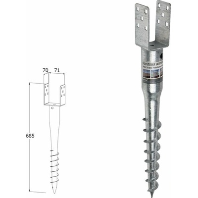 Domax zemná zaskrutkovacia pätka stĺpika PWU 70/685 - 71 x 70 x 135 x 550 x 685 x 1.8 mm x 4 mm 6 ks