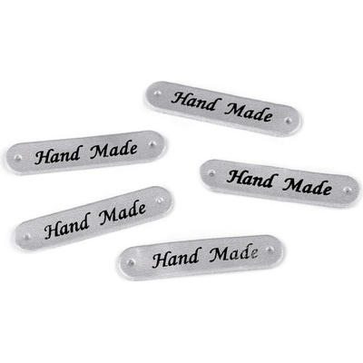 Nášivka / štítek z eko kůže Hand Made 10x48 mm, malé, 4 stříbrná metalic