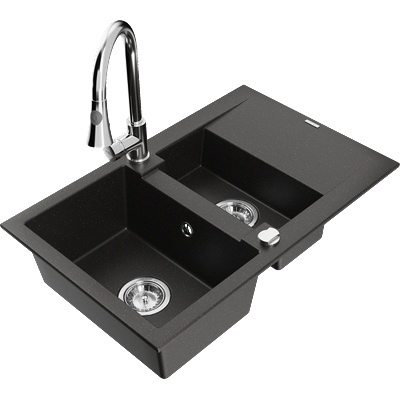 Mexen Gaspar гранитна мивка 1, 5-камерна с плоча и кухненски смесител Elia, черно/златен металик - 6507-75-670101-00 (6507-75-670101-00)