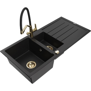 Mexen Andres гранитна мивка 1, 5-камерна с отцедник и кухненски смесител Duo, черен - 6515-77-671701-57-G (6515-77-671701-57-G)
