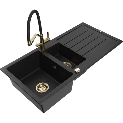 Mexen Andres гранитна мивка 1, 5-камерна с отцедник и кухненски смесител Duo, черен - 6515-77-671701-57-G (6515-77-671701-57-G)