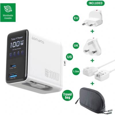 4smarts Захранване за ел. мрежа с вграден USB-C кабел и USB-A и USB-C изходи с технология за бързо зареждане - 4smarts Charger GaN Flex Screen AI100W Travel Edition (бял) (548100)