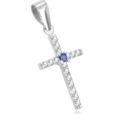 Šperky Eshop Přívěsek z bílého 14K zlata křížek vykládaný čirými zirkony kulatý přírodní safír S1GG46.25