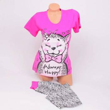 Image 1 of Пижама в цикламен цвят с коте и зебров принт