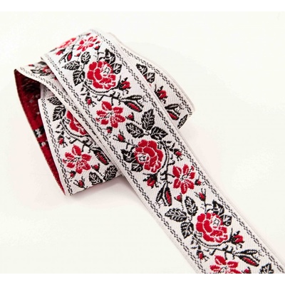 Krojová stuha - světle šedá s červenými růžemii - šíře 3 cm – Zboží Dáma