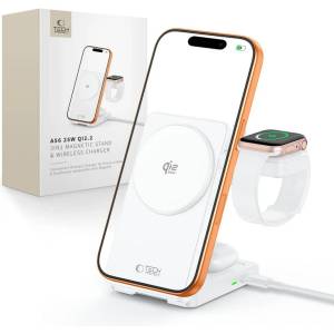 Tech-Protect A56 магнитно безжично зарядно устройство MagSafe 3 в 1 25W Qi2.2, бяло
