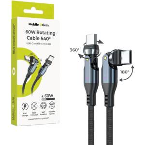 Mobile Origin USB-C към USB-C кабел с въртящи конектори за устройства с USB-C - Mobile Origin 540 Rotating Cable USB-C to USB-C Cable 60W (черен) (100см) (MO-240WRC-CB12)