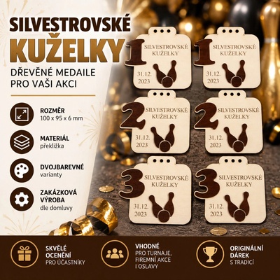 ADVIPO dekorace Dřevěné medaile Silvestrovské kuželky 1. 2. a 3. místo