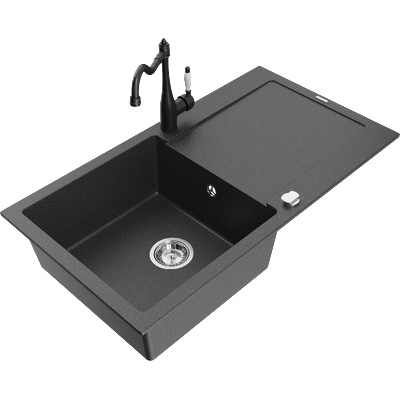 Mexen Leo гранитна мивка с 1 отделение, отцедник и кухненски смесител Carla, черно на пръски - 6501-76-670700-70 (6501-76-670700-70)