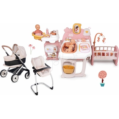 Smoby Set domček pre bábiku trojkrídlový a kočík s hojdačkou Large Doll´s Play Center Soft Baby Nurse jedálenskou stoličkou a autosedačkou