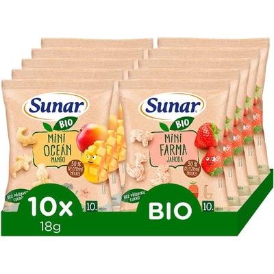 Sunar BIO chrumky mix príchutí jahoda a mango 10 × 18 g