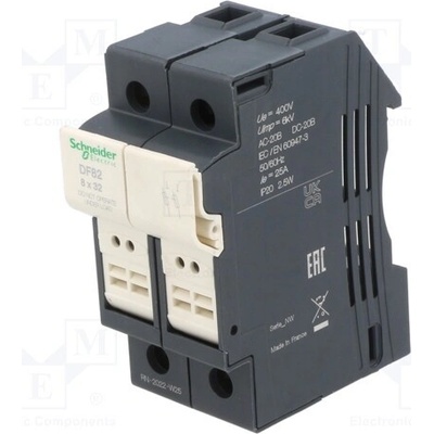 SCHNEIDER ELECTRIC DF82 Pojistkový spodek; 8,5x31,5mm; na přípojnici DIN; 25A; Póly: 2