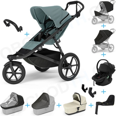 Thule Urban Glide 3 Set 10v1 Mid blue 2024 + madlo + korba Soft Beige + pláštěnky a moskytiéry Thule + Autosedačka Thule Maple Black s ISOFIX základnou Thule Alfi a adaptéry