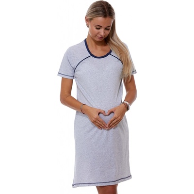 Kojící noční košilka dvojpropínací na patentky modře lemovaná 1C3556 šedá – Zboží Dáma