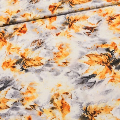 Eratex Šatovka / polyesterové hedvábí 2529D oranžovo-šedé aqua listy, š.140cm (látka v metráži)