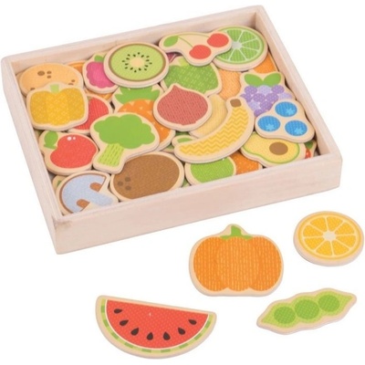 Bigjigs Toys Комплект дървени магнити Bigjigs - Плодове и зеленчуци, в кутия (BJ273)