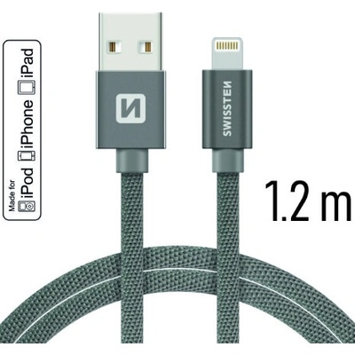 MFI licencovaný dátový lightning kábel Swissten textile šedý 1.2m / 2.0m Dĺžka: 1,2m