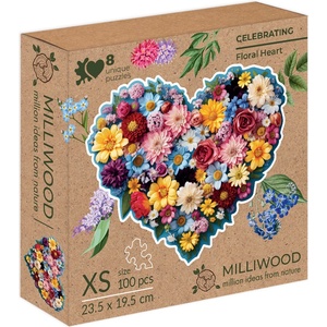 Milliwood Дървен пъзел Milliwood, Celebrating, 100 ч. - Цветно сърце (XS-FloralHeart-5080-C) - bright-toys