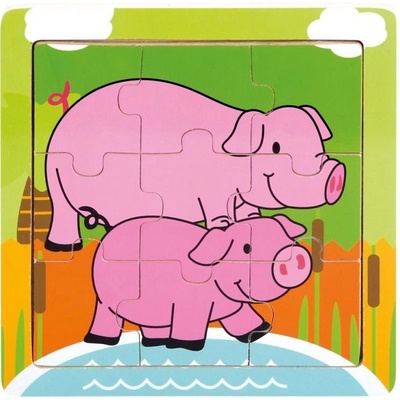 Bino dřevo prasátka baby skládačka 12 x 12 cm v rámečku 9 dílků