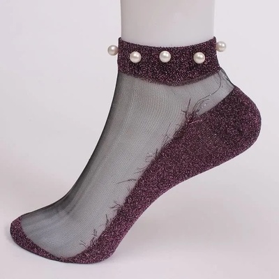 Къси чорапи в лилаво с ламе, тюл и перли