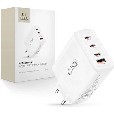 Tech-Protect nc140w-gan 4-портово мрежово зарядно pd 140w / qc3.0 бяло (5906302335947)