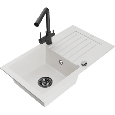 Mexen Pablo кухненска мивка от гранит с 1 отделение с дренаж и кухненски смесител Duero, бял - 6510-20-671600-70 (6510-20-671600-70)