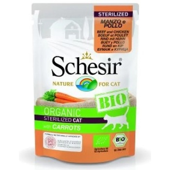 Schesir Adult Bio Pouch - био храна за кастрирани котки с говеждо, пиле и моркови