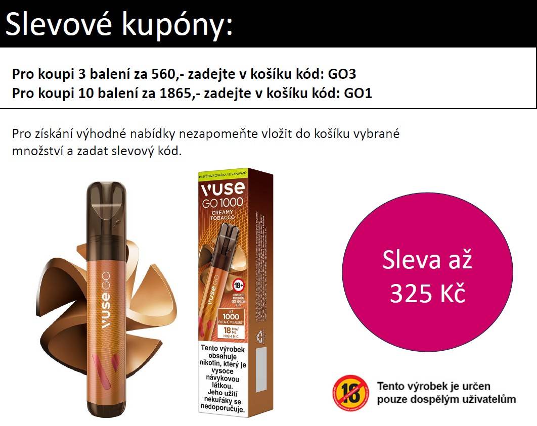 Vuse GO 1000 Pen Creamy Tobacco 18 mg 1000 potáhnutí od 187 Kč