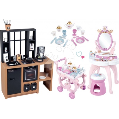 Smoby Set kuchynka moderná Loft Industrial a kozmetický stolík Princezné so stoličkou a servírovací vozík