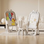 Feelkids Детска дъска 2 в 1 Feelkids - С конструктор и стол, 60 части, сиво зайче (FQ-HB-QD010-GY)