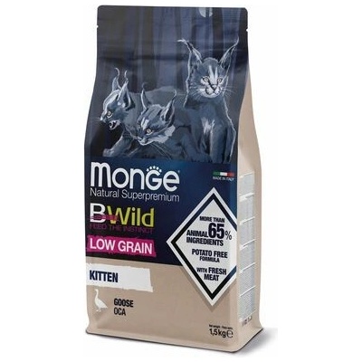 MONGE BWild Cat Low Grain Kitten kompletné krmivo pre mačiatka s husacím mäsom a so znížením obsahom obilnín 1,5 kg